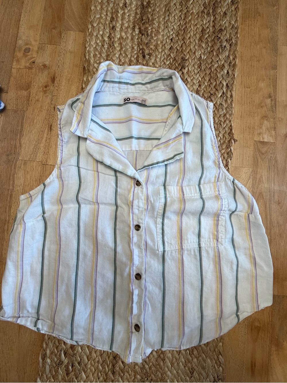 SO Pastel Striped Button-Front Shirt in White with Mint, Yellow, Lavender